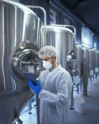 Factory worker technologist in protective uniform with hairnet and mask controlling food production on tablet computer. Factory worker technologist in protective uniform with hairnet and mask controlling food production on tablet computer.